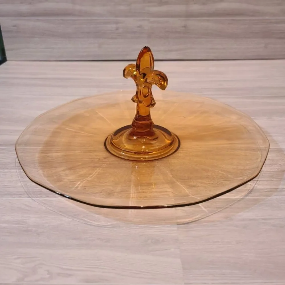 Vintage Amber Depression Glass Handled Tidbit Plate Fleur De Lis 7.5